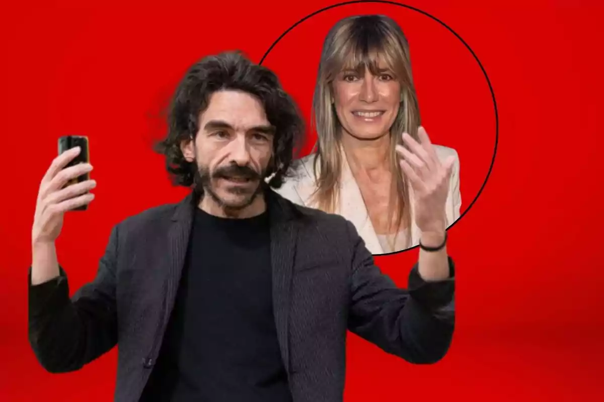 Un hombre con barba y cabello largo sostiene un teléfono móvil mientras gesticula con la otra mano, con la imagen de una mujer rubia sonriendo en un círculo detrás de él, todo sobre un fondo rojo.