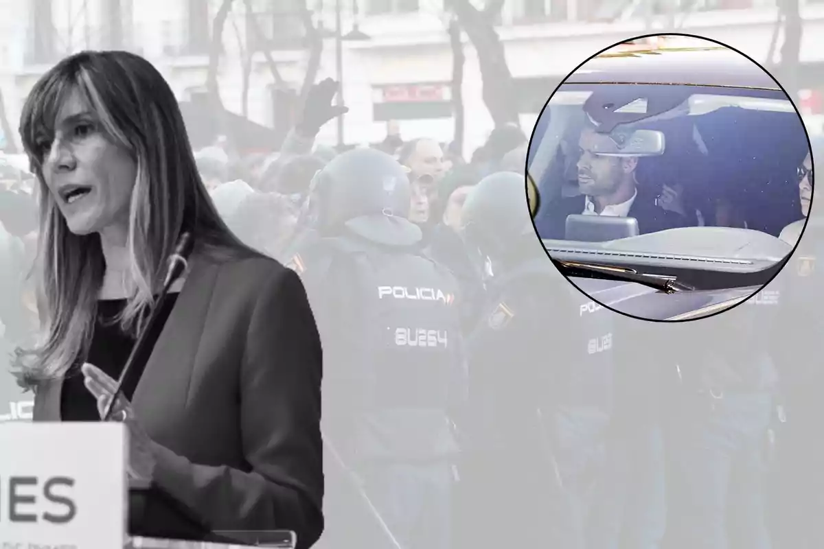 Una mujer hablando en un podio con un micrófono, mientras en el fondo se observa una manifestación con policías y un recuadro que muestra a una persona dentro de un automóvil.