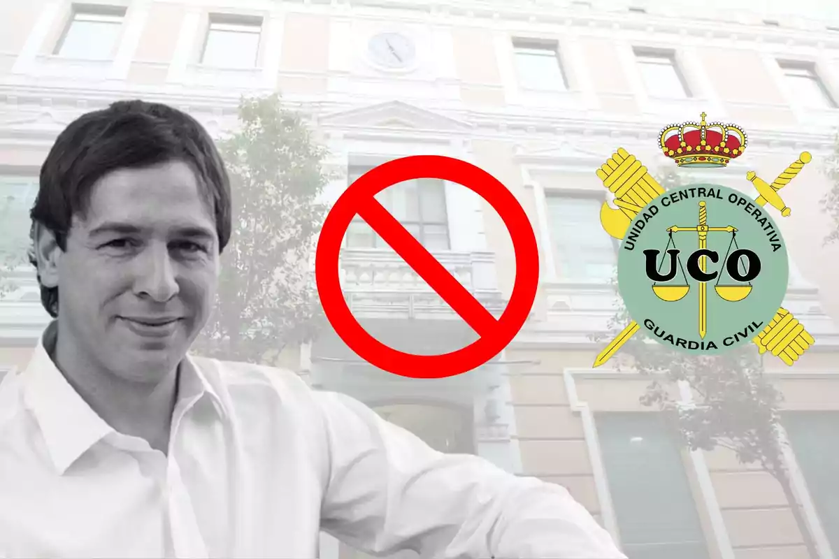 Hombre sonriente en primer plano con un símbolo de prohibición rojo y el logo de la Unidad Central Operativa de la Guardia Civil sobre un edificio de fondo.