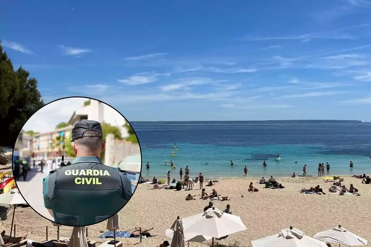 Playa con bañistas y un agente de la Guardia Civil en un recuadro.