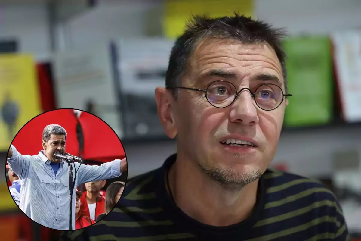 Un hombre con gafas redondas y camiseta de rayas aparece en primer plano, mientras que en un círculo insertado en la imagen se ve a otro hombre hablando en un micrófono con los brazos levantados.