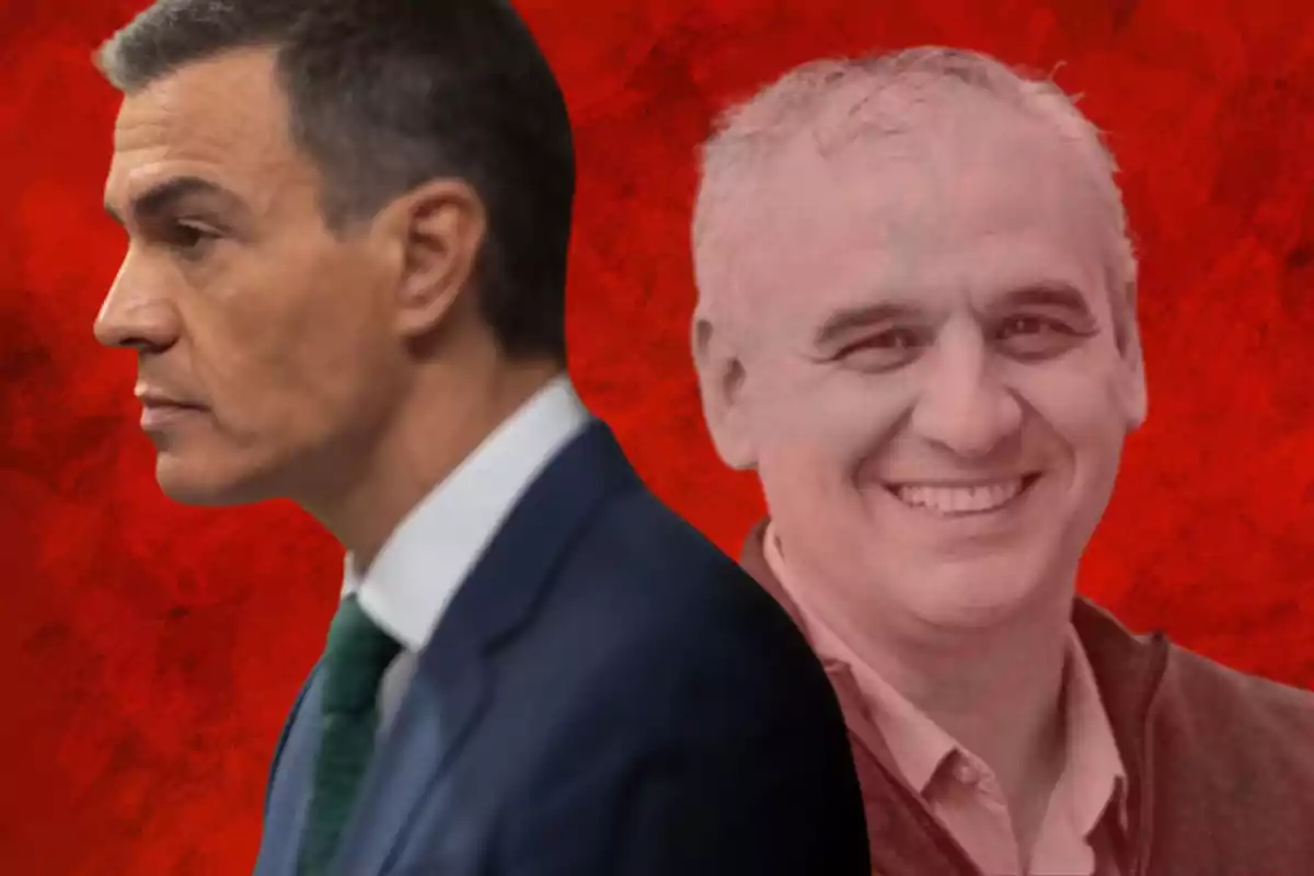 Dos hombres, uno de perfil y otro sonriendo, con un fondo rojo.