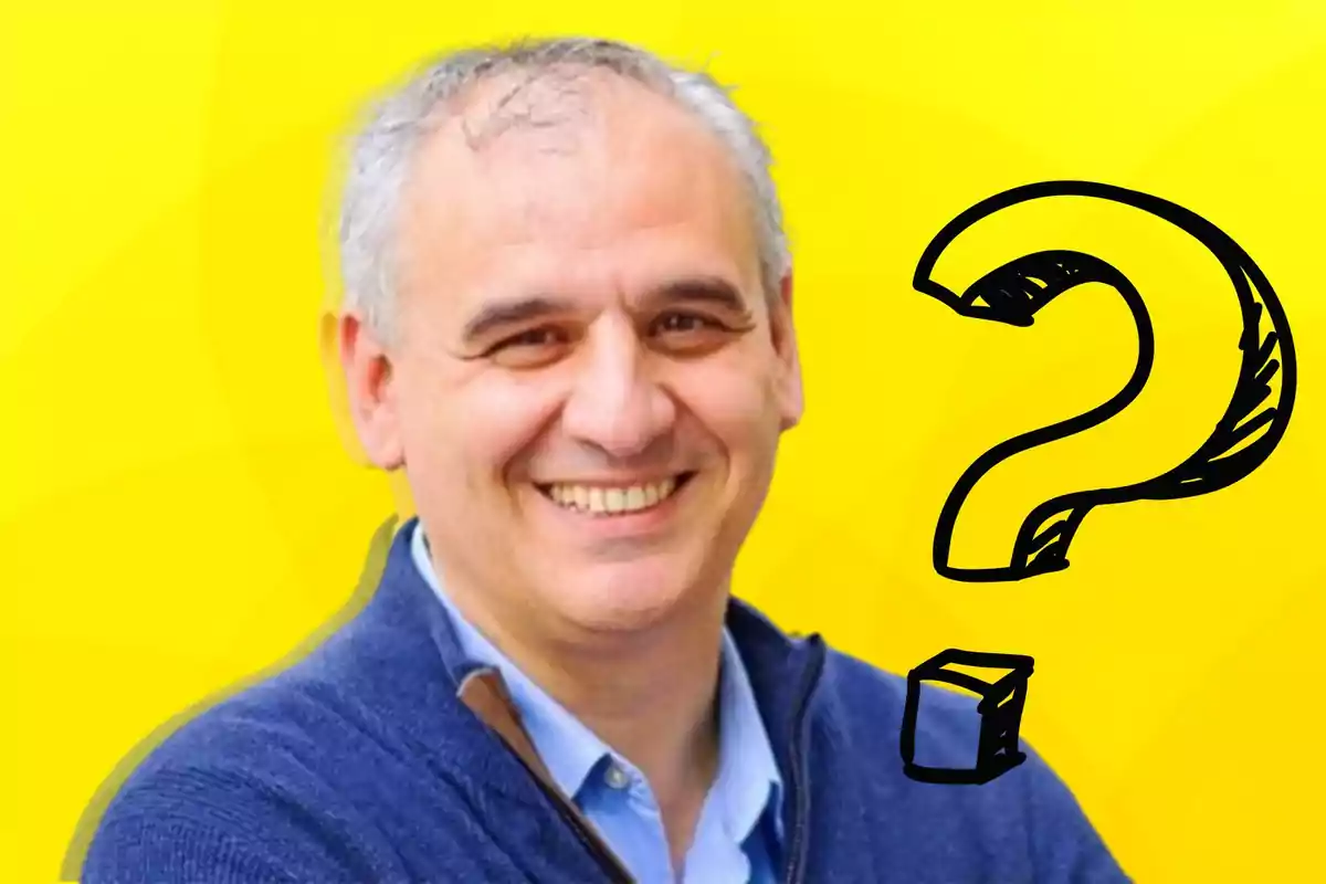 Hombre sonriendo con un fondo amarillo y un signo de interrogación dibujado.