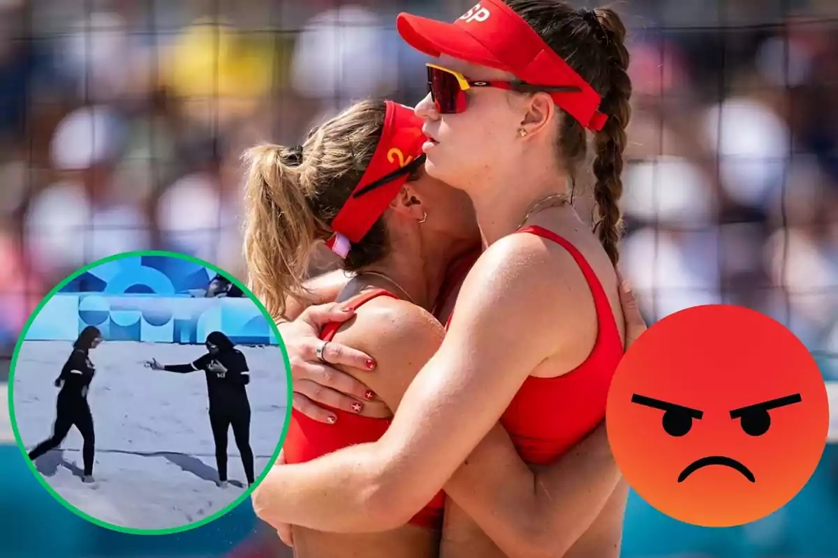 Jugadoras de voleibol de playa se abrazan mientras una imagen insertada muestra a dos personas con trajes oscuros en la arena y un emoji de enojo en la esquina.