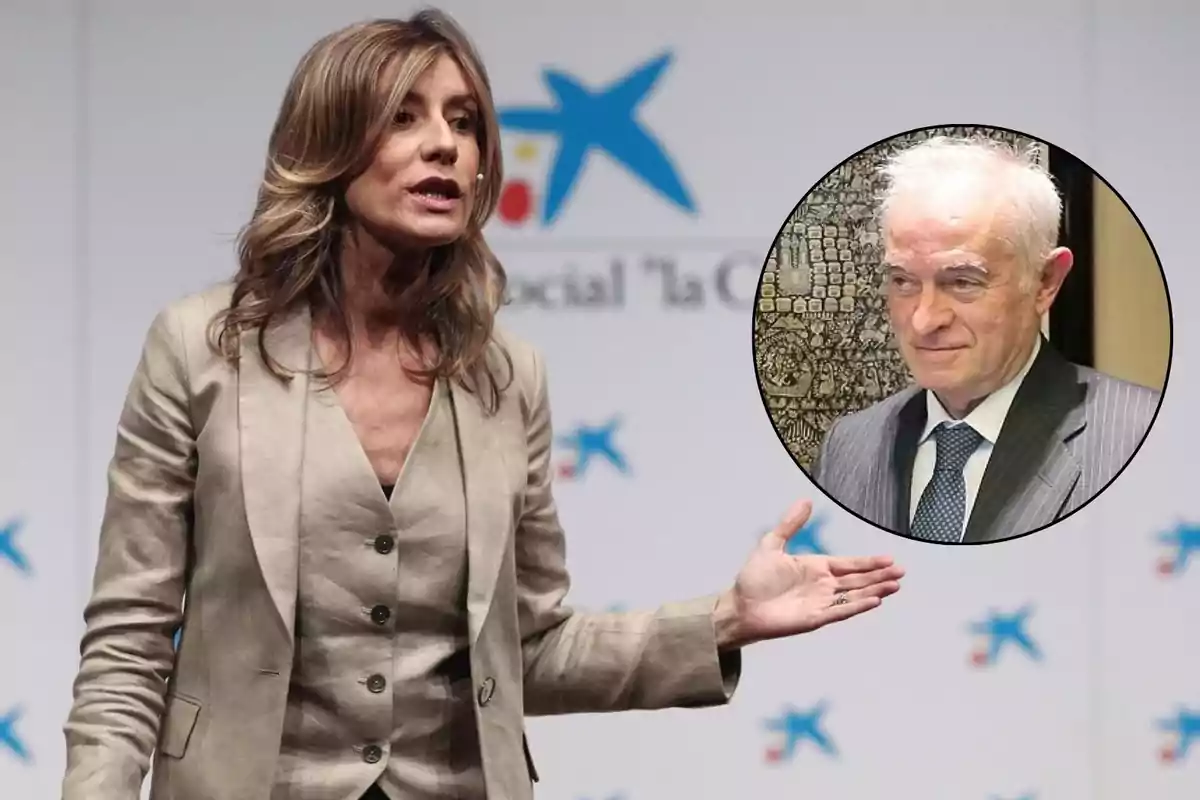 Una mujer hablando en un evento con el logotipo de CaixaBank en el fondo y un hombre mayor en un recuadro circular.