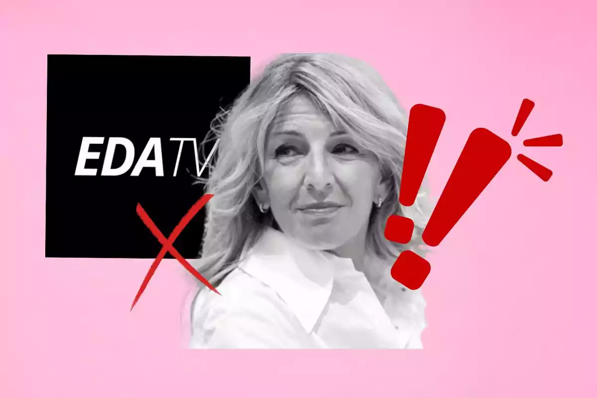 Una mujer rubia con una camisa blanca aparece en primer plano, con un logotipo de "EDA TV" en el fondo y símbolos de exclamación y una cruz roja sobre un fondo rosa.