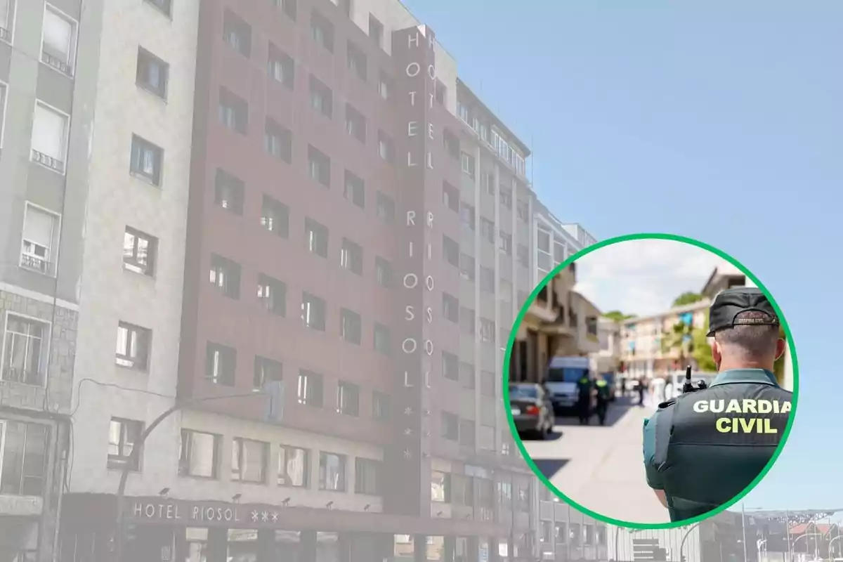 Un edificio de hotel con la fachada visible y un letrero que dice "HOTEL RIOSOL" junto a una imagen insertada de un agente de la Guardia Civil de espaldas en una calle.