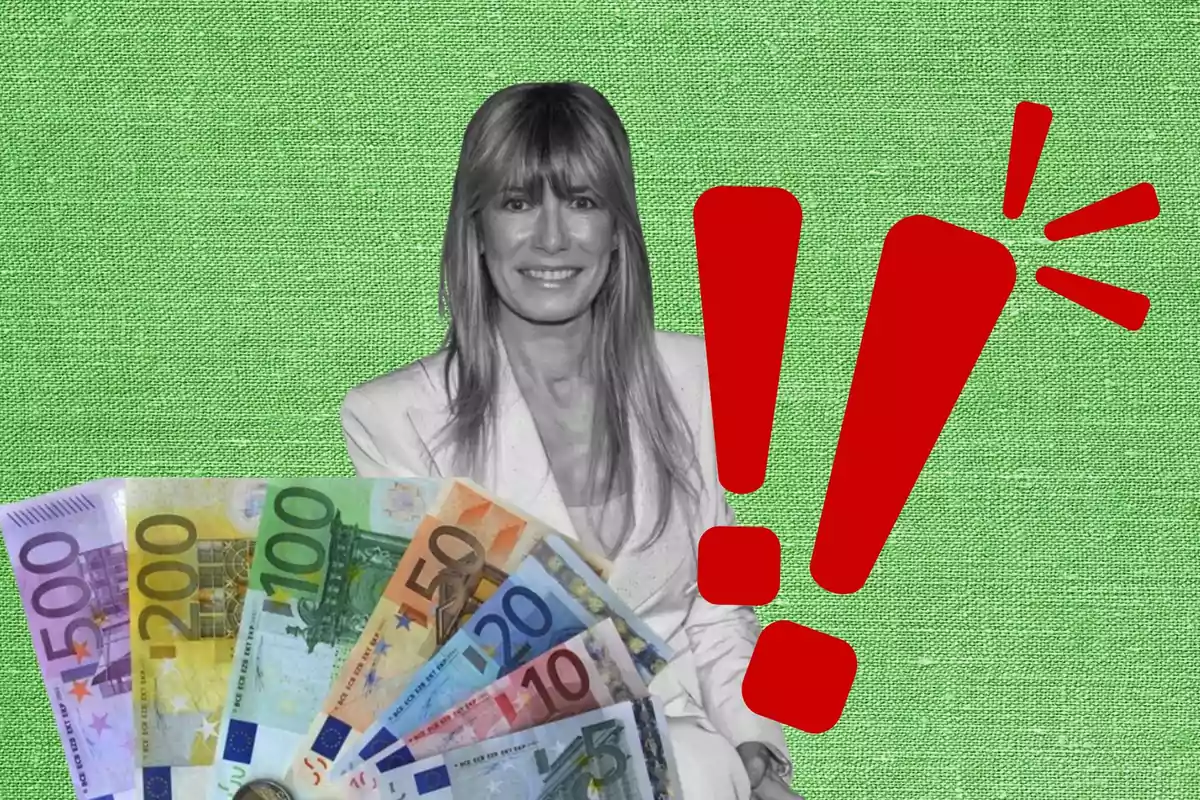 Una mujer sonriente en blanco y negro con billetes de euro en la esquina inferior izquierda y un signo de exclamación rojo sobre un fondo verde.