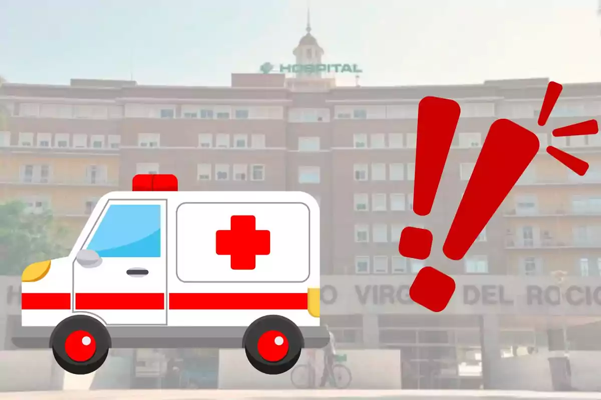 Una ambulancia y signos de exclamación rojos frente a un hospital.