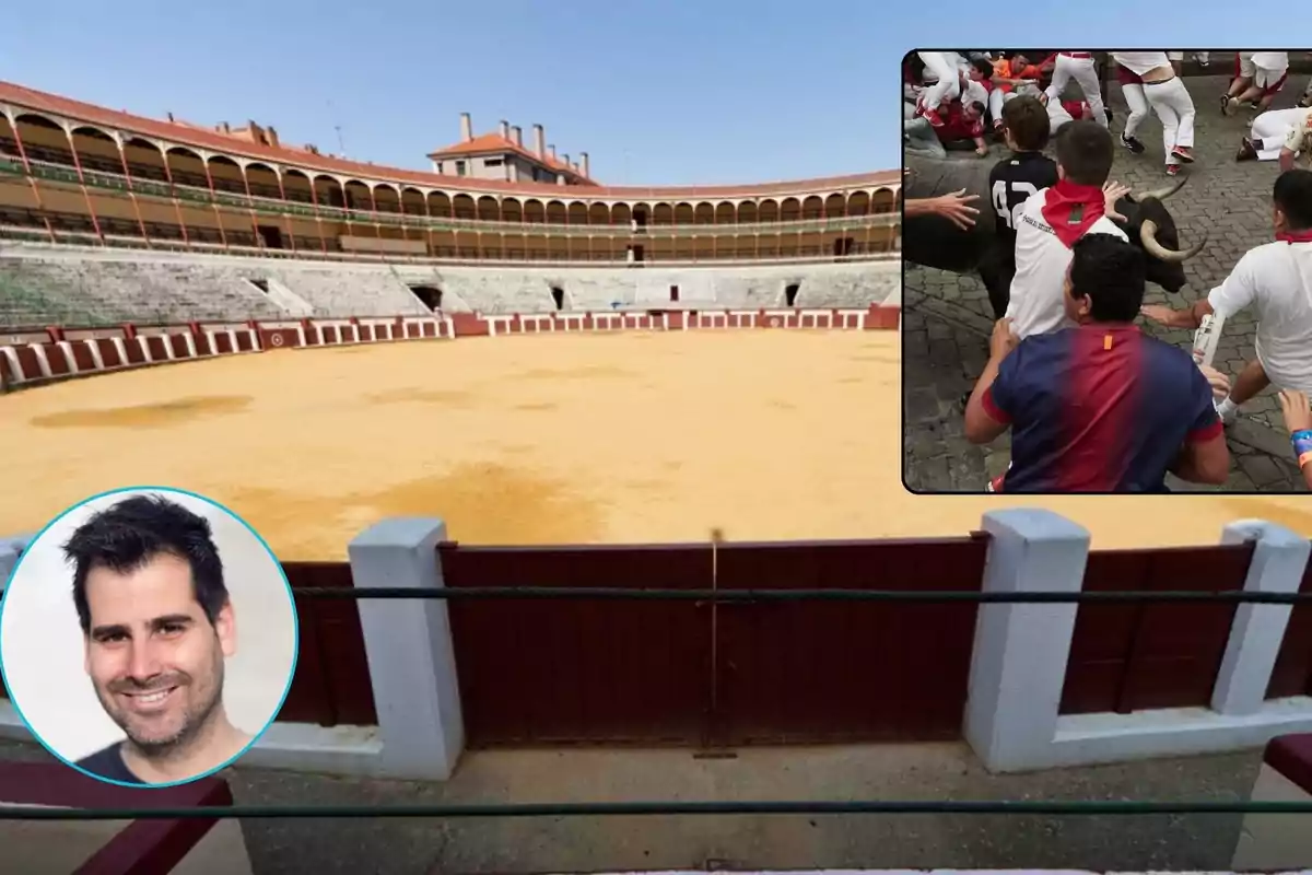 Plaza de toros vacía con una imagen insertada de un encierro y otra de un hombre sonriente.