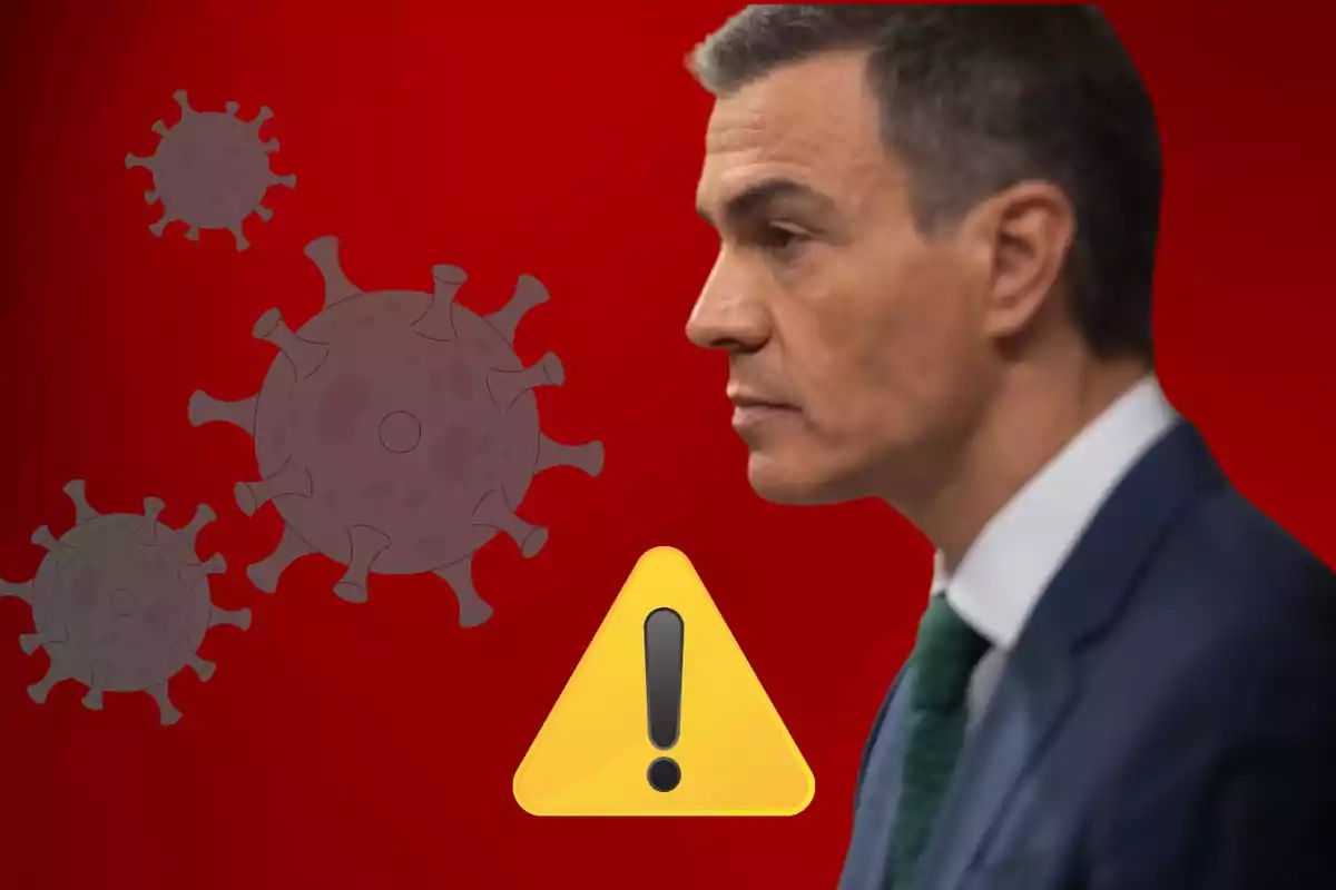 Hombre de perfil con traje y corbata, fondo rojo con ilustraciones de virus y un símbolo de advertencia amarillo.