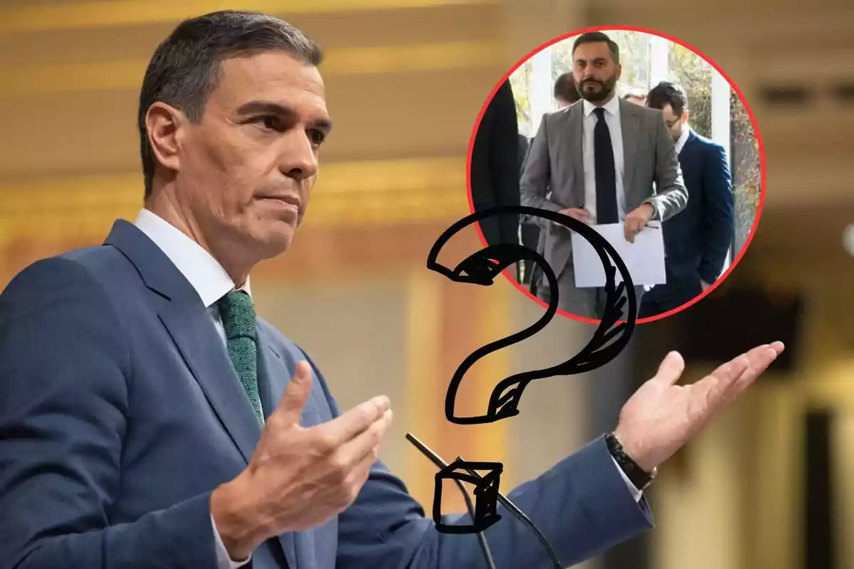 Un hombre en traje azul habla en un podio, con una imagen circular de otro hombre en traje gris y corbata negra superpuesta, junto a un signo de interrogación dibujado.