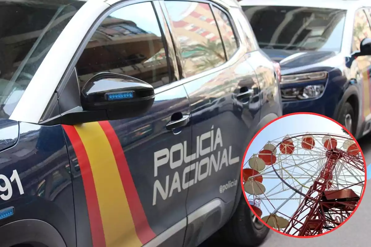 Un coche de la Policía Nacional con una imagen insertada de una noria.