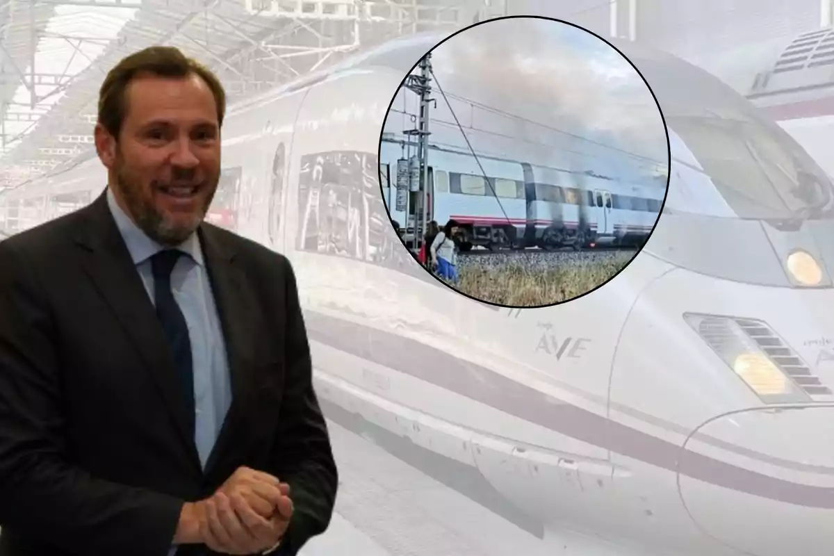 Un hombre sonriente con traje y corbata aparece en primer plano, mientras que en el fondo se ve un tren de alta velocidad AVE y un círculo que muestra un tren en llamas.