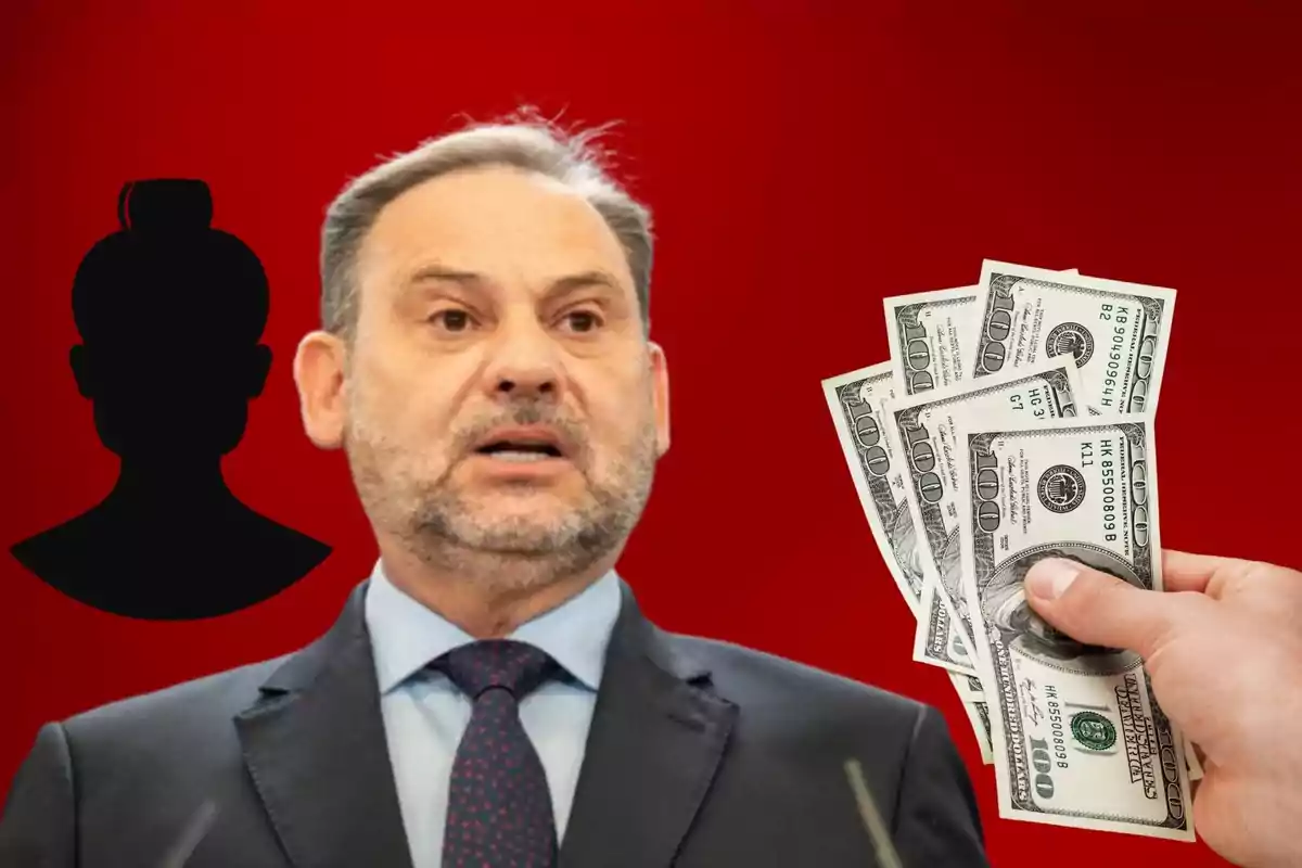 Man in a suit and tie in front of a red background, with a black silhouette of a person and a hand holding dollar bills.