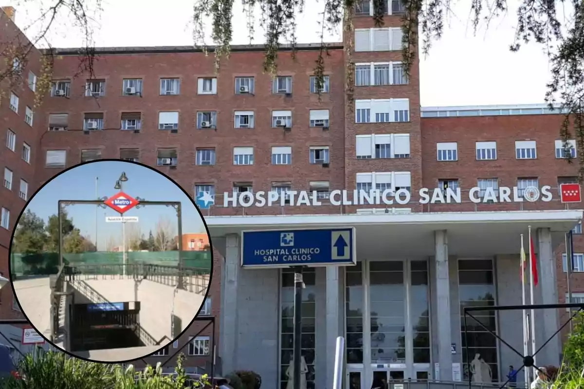 Fachada del Hospital Clínico San Carlos con un recuadro que muestra la entrada de la estación de metro "Avenida de la Ilustración".