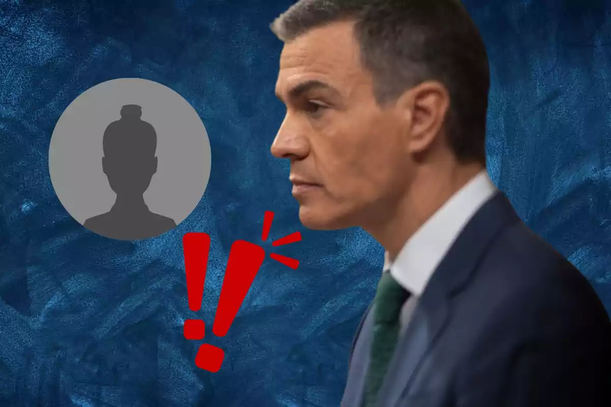 Un hombre de perfil con traje y corbata verde aparece en la imagen, junto a un icono de perfil de una persona y dos signos de exclamación rojos sobre un fondo azul texturizado.