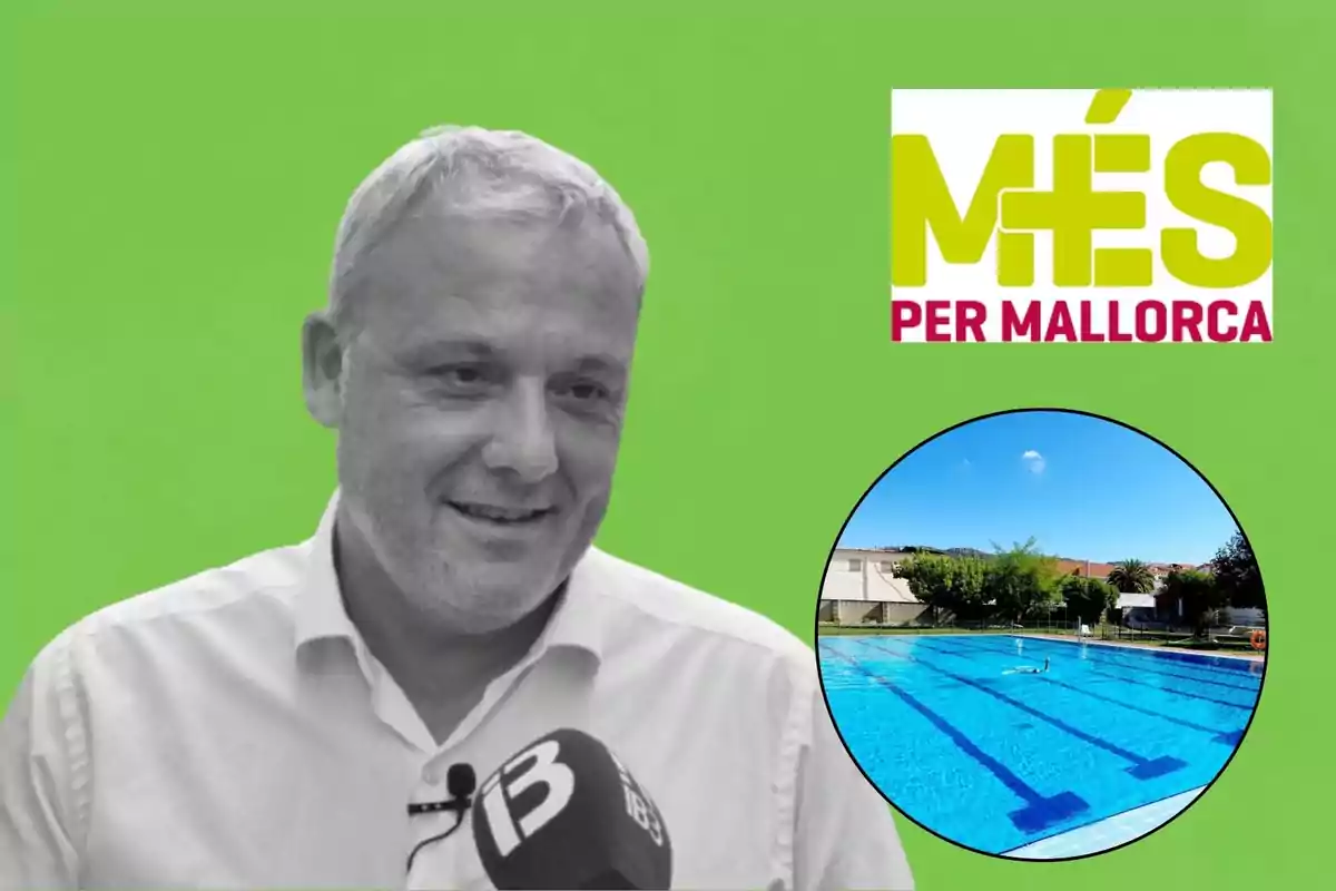 Hombre con camisa blanca y micrófono, logotipo de "MÉS per Mallorca" y una imagen circular de una piscina en el fondo verde.