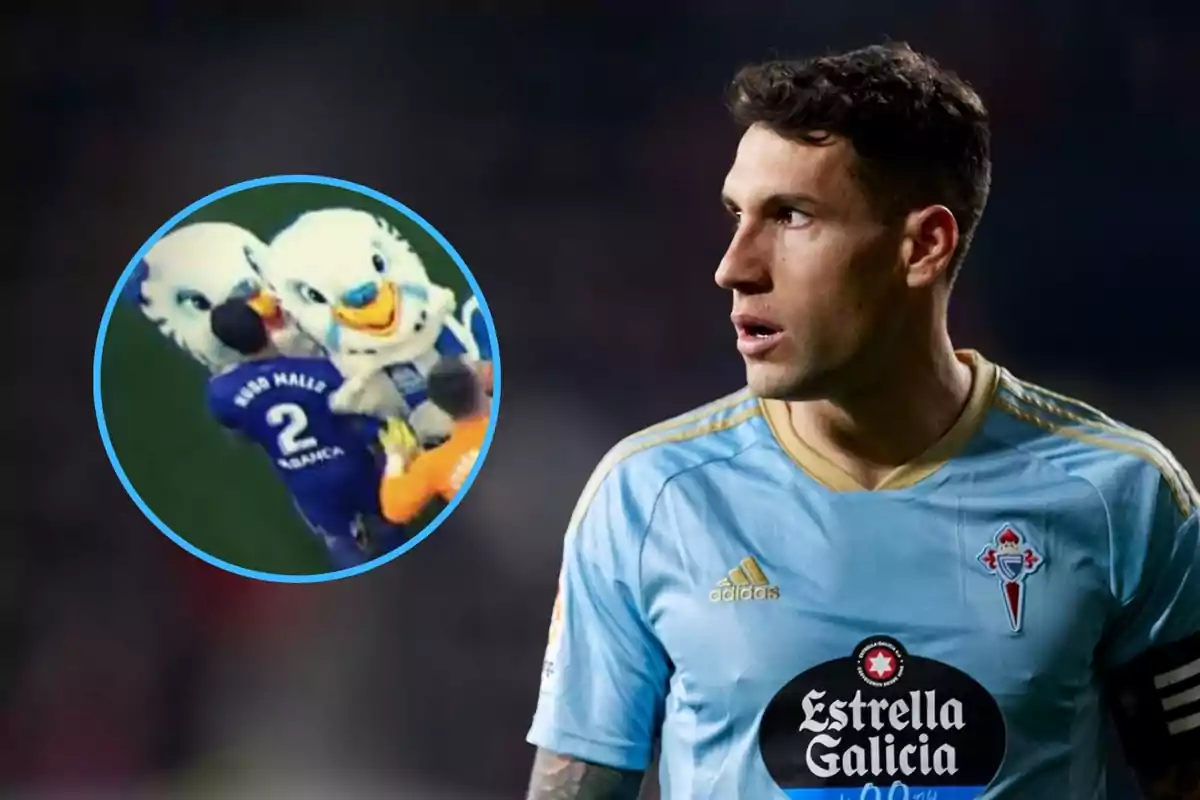 Un jugador de fútbol con la camiseta del Celta de Vigo mira hacia la derecha, mientras en un círculo a la izquierda de la imagen se muestra una escena con dos mascotas de aves abrazando a un jugador con el número 2 en su camiseta.