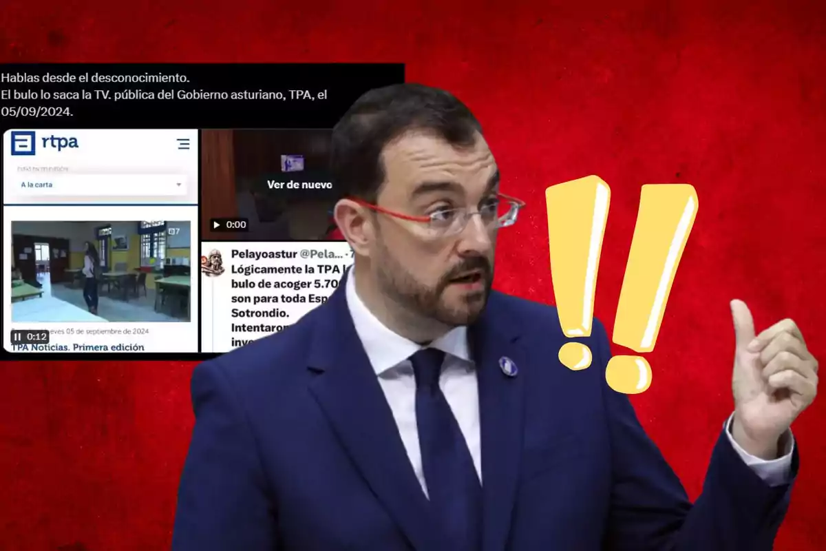 Un hombre con gafas y traje azul señala hacia una pantalla que muestra una noticia de TPA, con un fondo rojo y signos de exclamación amarillos.