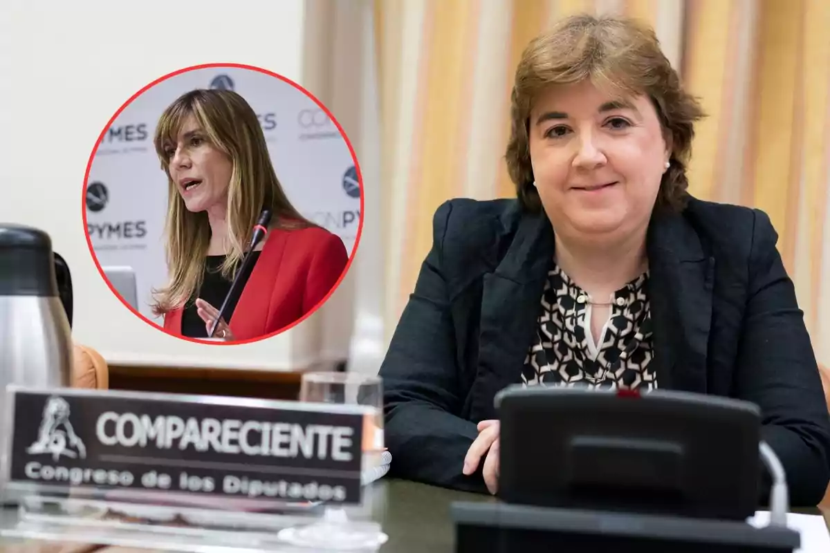 Una mujer sentada en una mesa con un cartel que dice "COMPARECIENTE Congreso de los Diputados" y una imagen circular de otra mujer hablando en un micrófono.