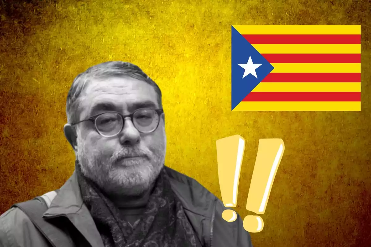 Hombre con gafas y barba frente a un fondo amarillo con la bandera estelada catalana y dos signos de exclamación.