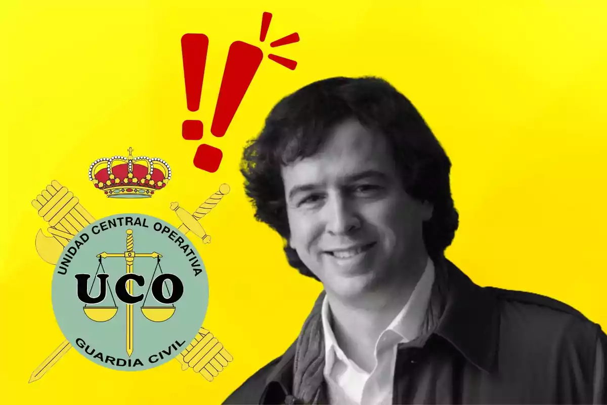 Un hombre sonriente con cabello oscuro y una chaqueta aparece junto al logotipo de la Unidad Central Operativa de la Guardia Civil sobre un fondo amarillo con un signo de exclamación rojo.