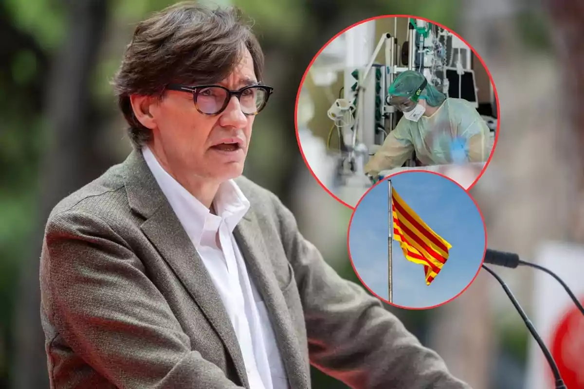 Un hombre con gafas y chaqueta marrón habla en un micrófono, con dos imágenes superpuestas en círculos rojos: una de un trabajador de la salud con equipo de protección y otra de una bandera con franjas rojas y amarillas ondeando.