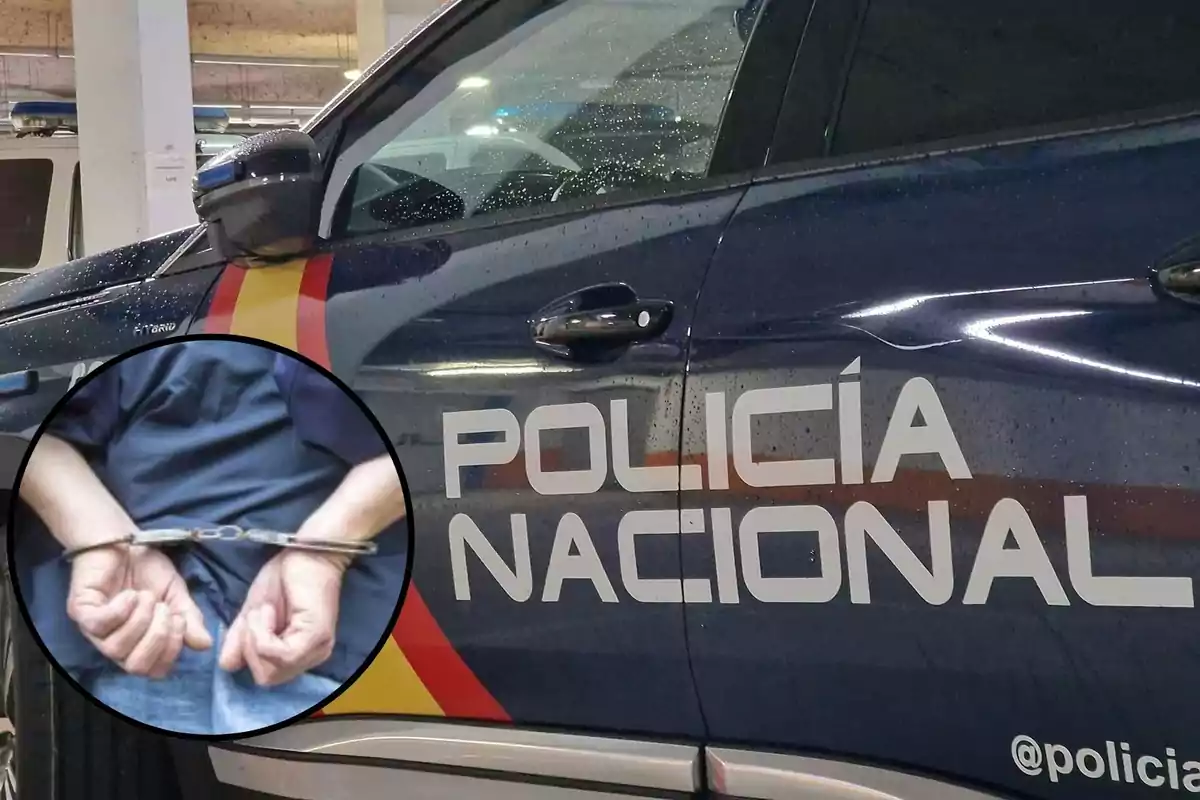 Un coche de la Policía Nacional con una imagen insertada de una persona esposada.