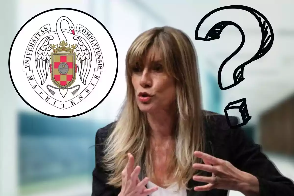 Mujer gesticulando con el logo de la Universidad Complutense de Madrid y un signo de interrogación.