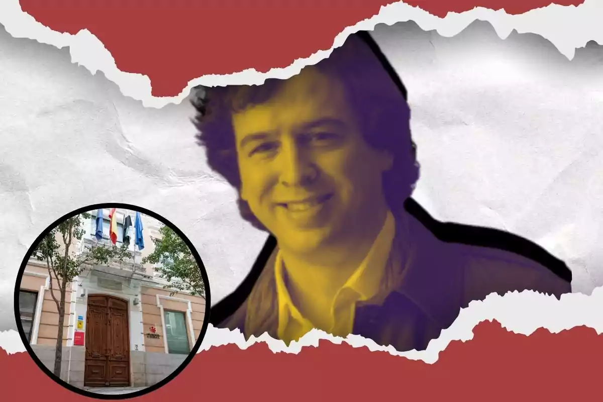 An image with a torn paper background in red and grey tones shows a portrait of a smiling man in yellow tones and a circle framing the entrance to a building with flags.