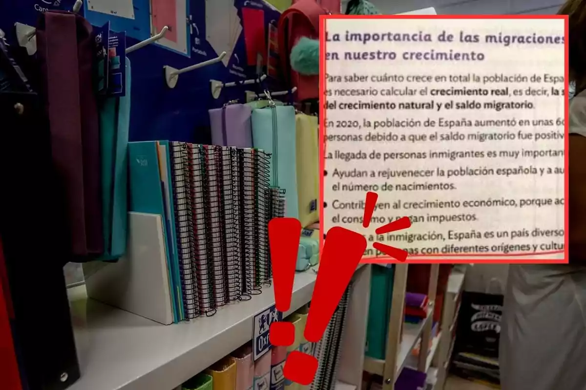 Una estantería con cuadernos y carpetas de colores, junto a un cartel que destaca la importancia de las migraciones en el crecimiento de la población en España.