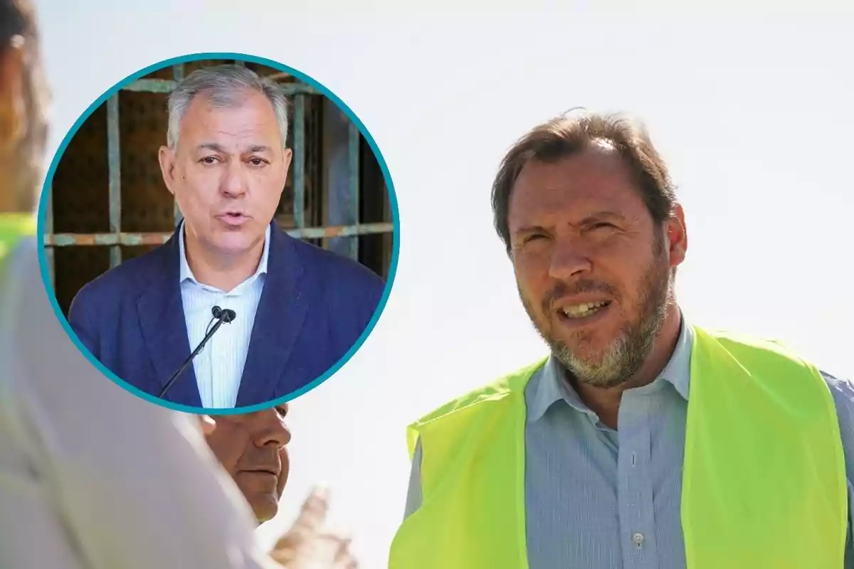 Dos hombres en una imagen, uno con chaleco amarillo y otro en un recuadro circular hablando frente a un micrófono.