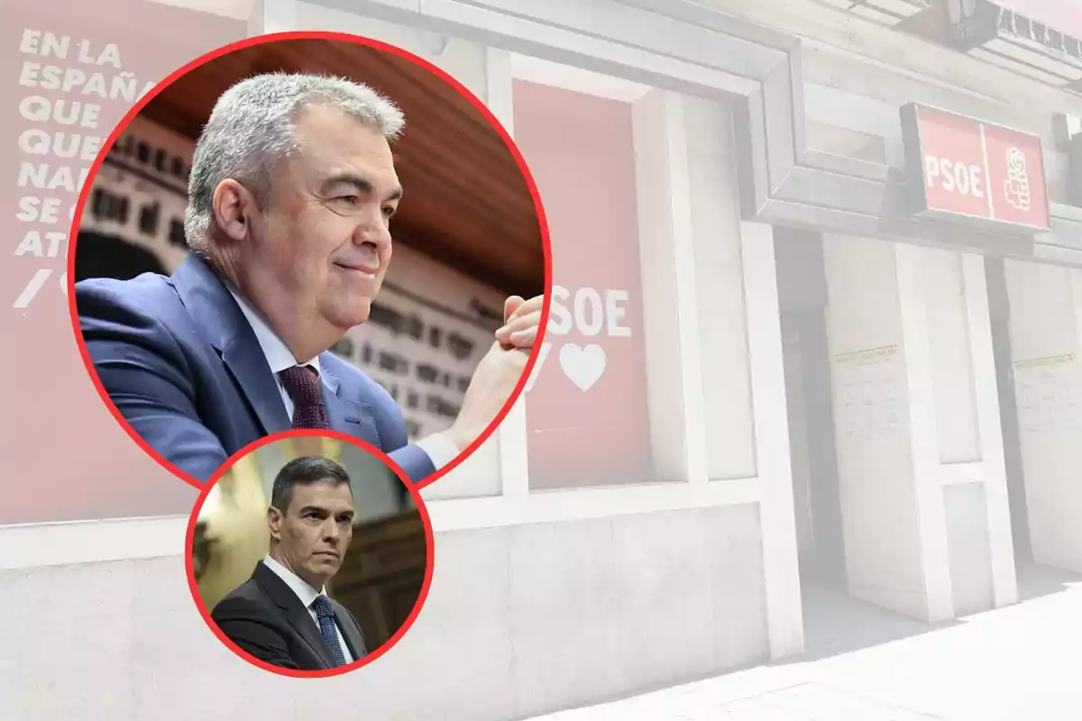 Dos hombres en círculos rojos superpuestos sobre la fachada de un edificio del PSOE.