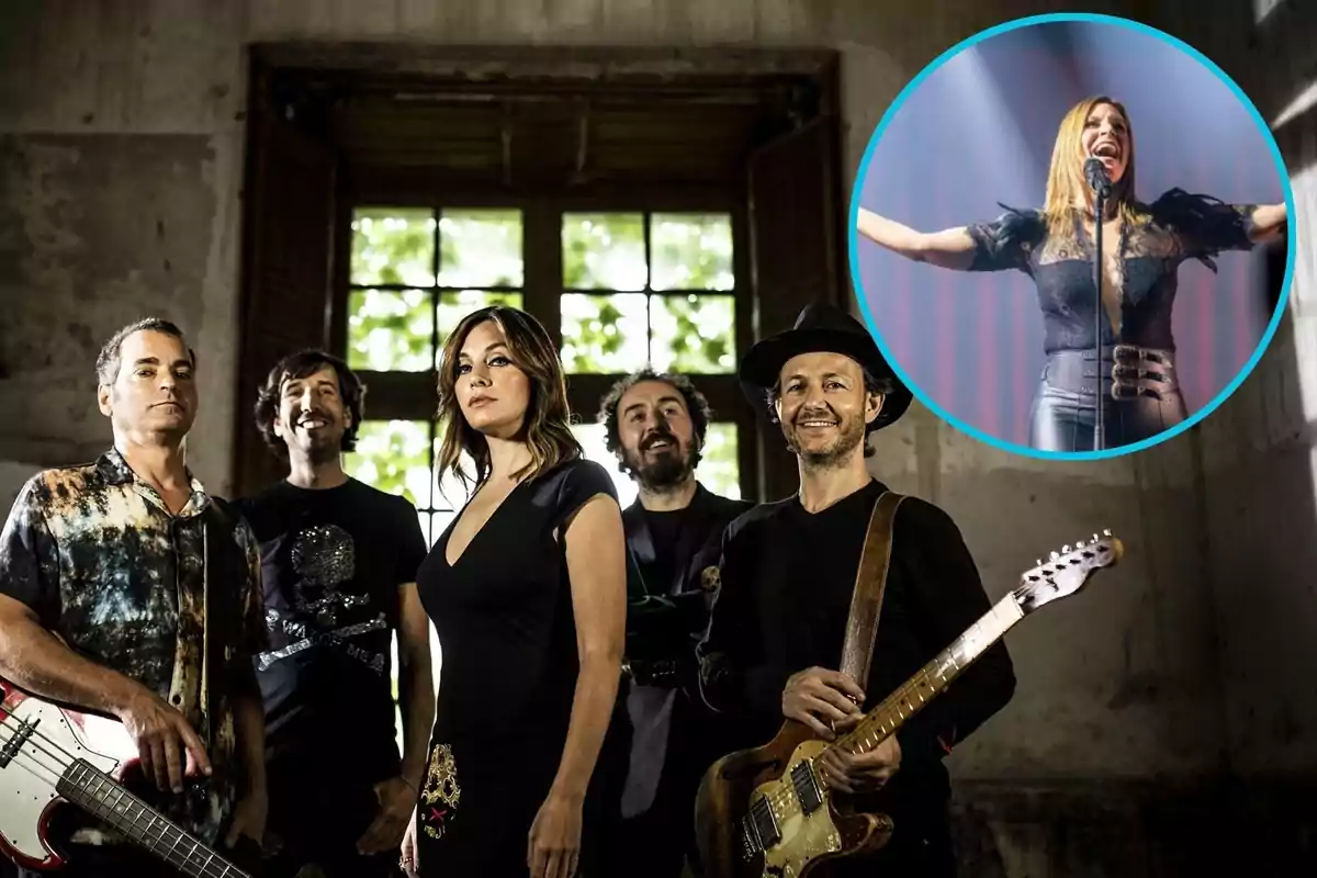 Un grupo de músicos posando en un edificio antiguo con una imagen insertada de una cantante actuando en el escenario.