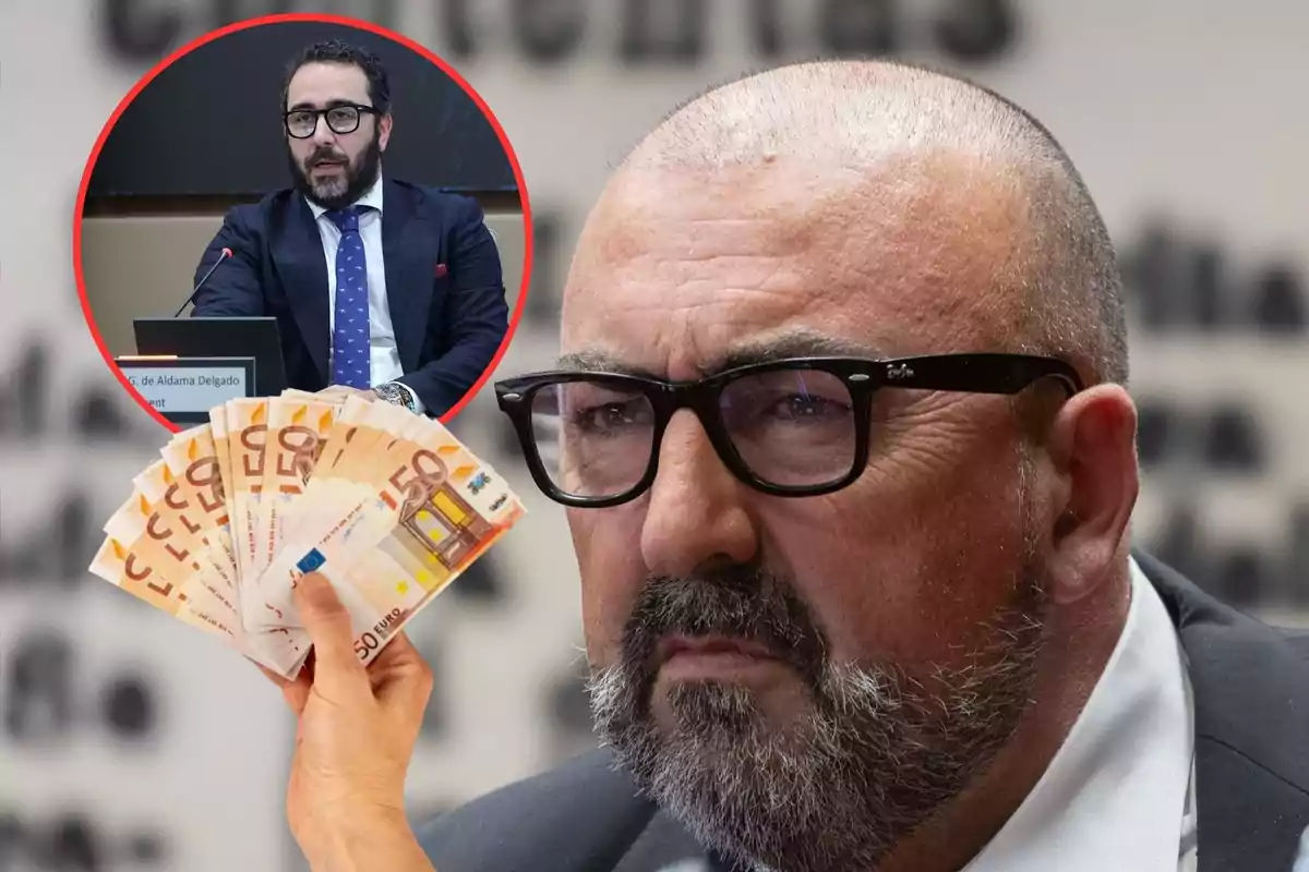 Un hombre con gafas y expresión seria aparece en primer plano mientras una mano sostiene billetes de 50 euros y en un recuadro se ve a otro hombre hablando en un micrófono.