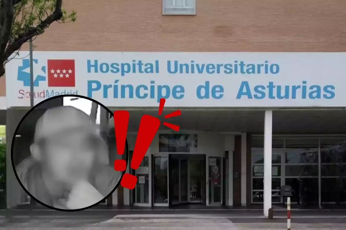 Entrada del Hospital Universitario Príncipe de Asturias con un recuadro que muestra una imagen borrosa de una persona y un signo de exclamación rojo.