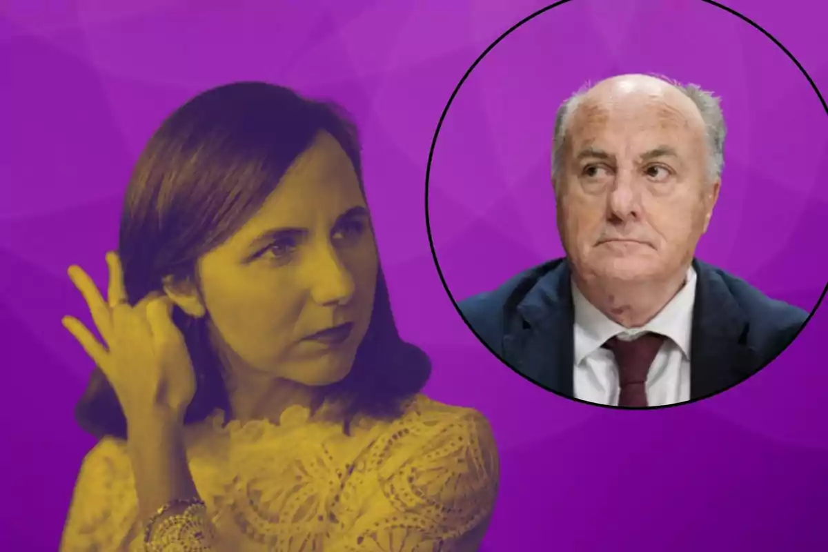 Una mujer con un vestido de encaje amarillo en un fondo morado con la imagen de un hombre mayor en un círculo.