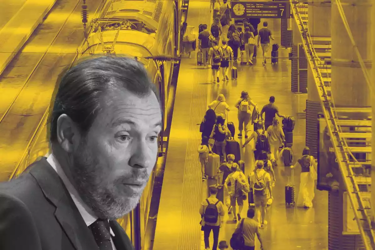 Un hombre con barba y traje aparece en primer plano mientras al fondo se observa una estación de tren con personas caminando y llevando equipaje.