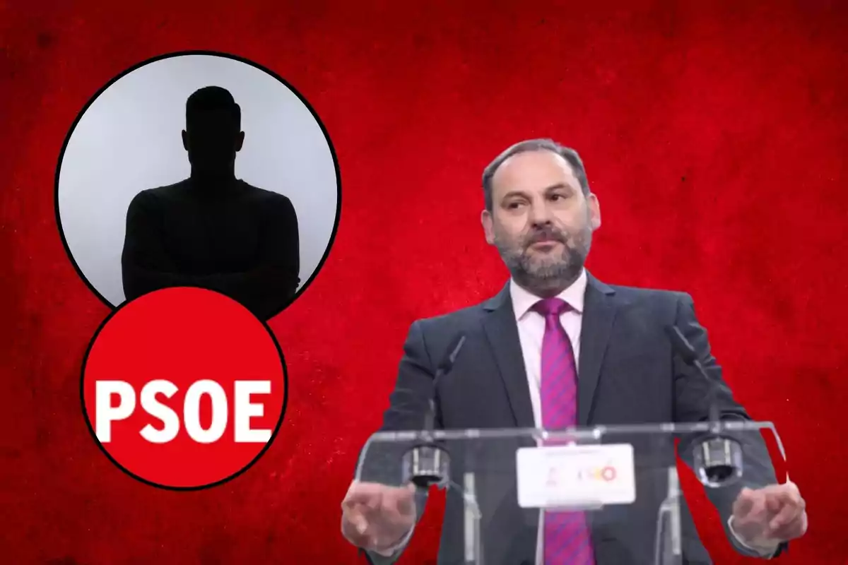 Un hombre de traje y corbata habla en un podio con un fondo rojo que incluye un logotipo del PSOE y una silueta en un círculo.