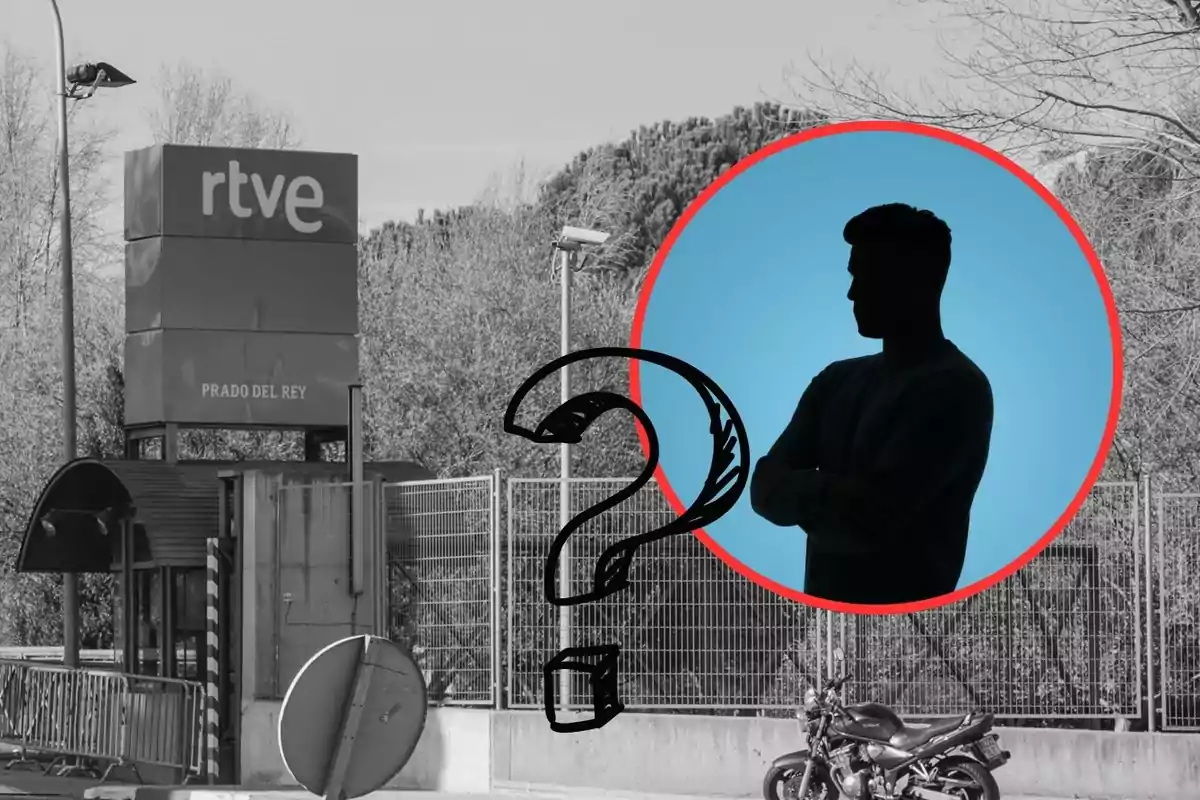 Entrada de RTVE Prado del Rey con la silueta de una persona en un círculo azul y un signo de interrogación superpuesto.