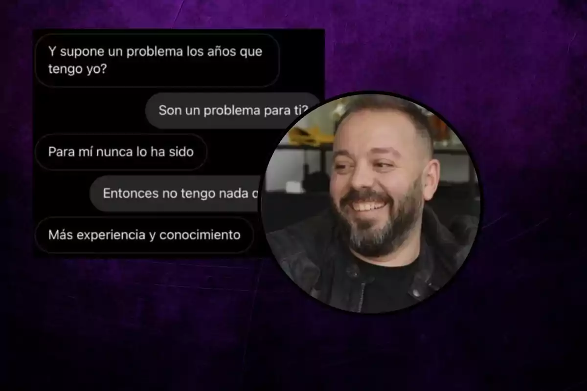 Un hombre sonriente aparece en un círculo superpuesto sobre una conversación de mensajes en un fondo púrpura.