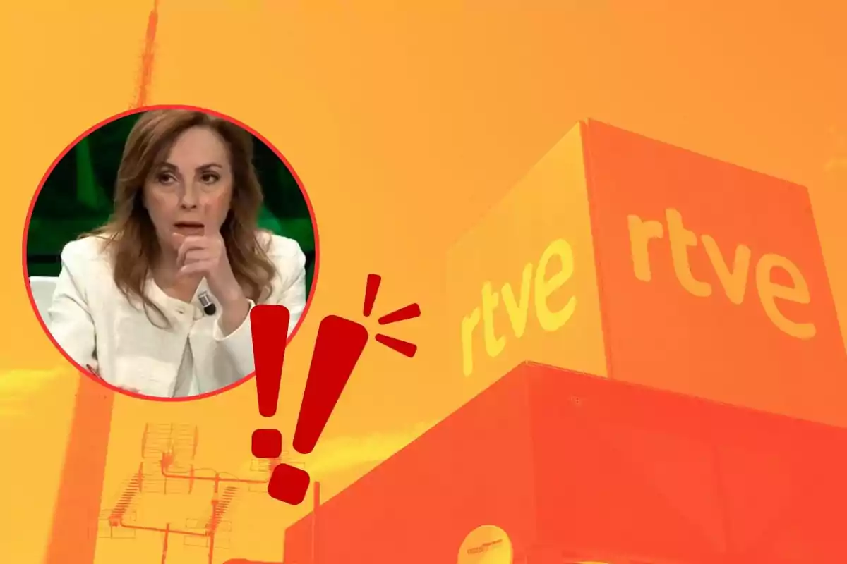 Una mujer en un recuadro circular sobre un fondo naranja con el logo de RTVE y un signo de exclamación rojo.