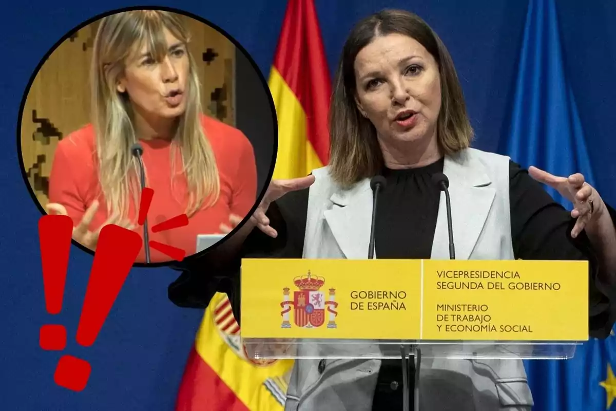 Una mujer hablando en una conferencia de prensa del Ministerio de Trabajo y Economía Social de España con una imagen insertada de otra mujer gesticulando y un signo de exclamación rojo.