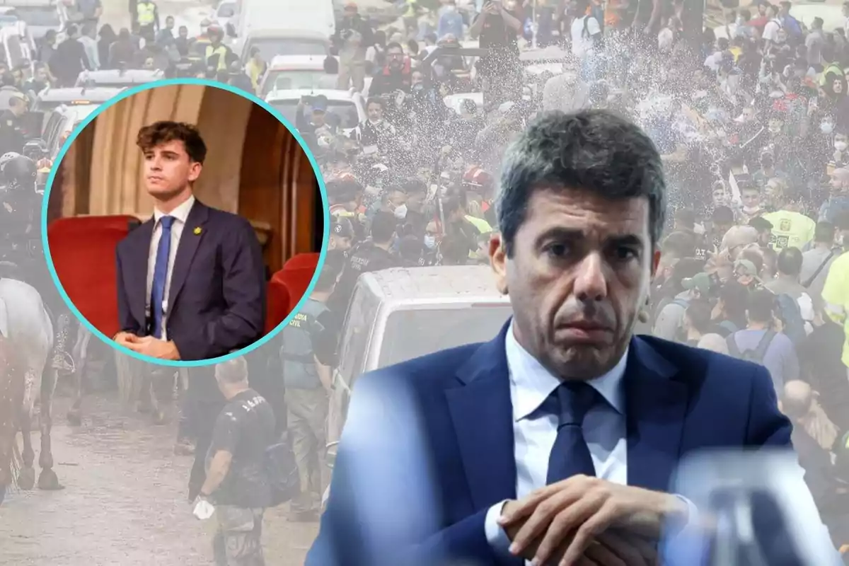 Un hombre con traje y corbata aparece en primer plano con una expresión seria, mientras que en el fondo se observa una multitud de personas y vehículos; en un círculo a la izquierda, hay un joven también vestido formalmente.