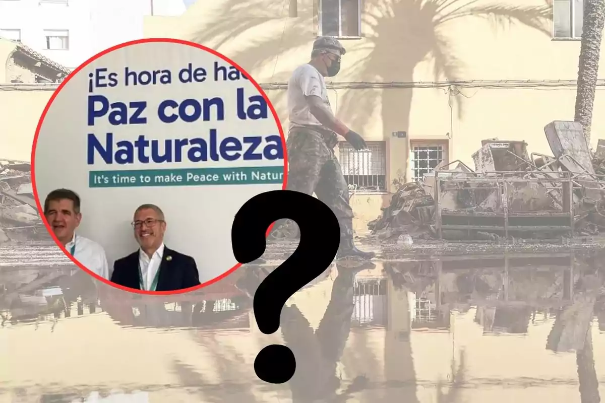 Un hombre con mascarilla camina por una calle inundada mientras un cartel en un círculo resalta el mensaje "Es hora de hacer paz con la naturaleza" y un signo de interrogación negro se superpone en el centro de la imagen.