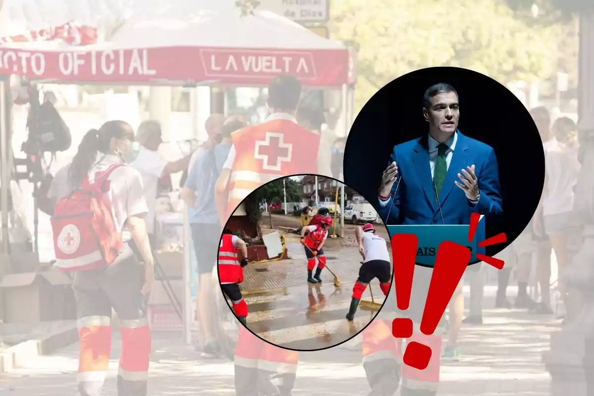 Personas con chalecos de la Cruz Roja en un evento al aire libre con un cartel de "La Vuelta" y dos imágenes superpuestas: una de un hombre hablando en un podio y otra de voluntarios limpiando una calle.