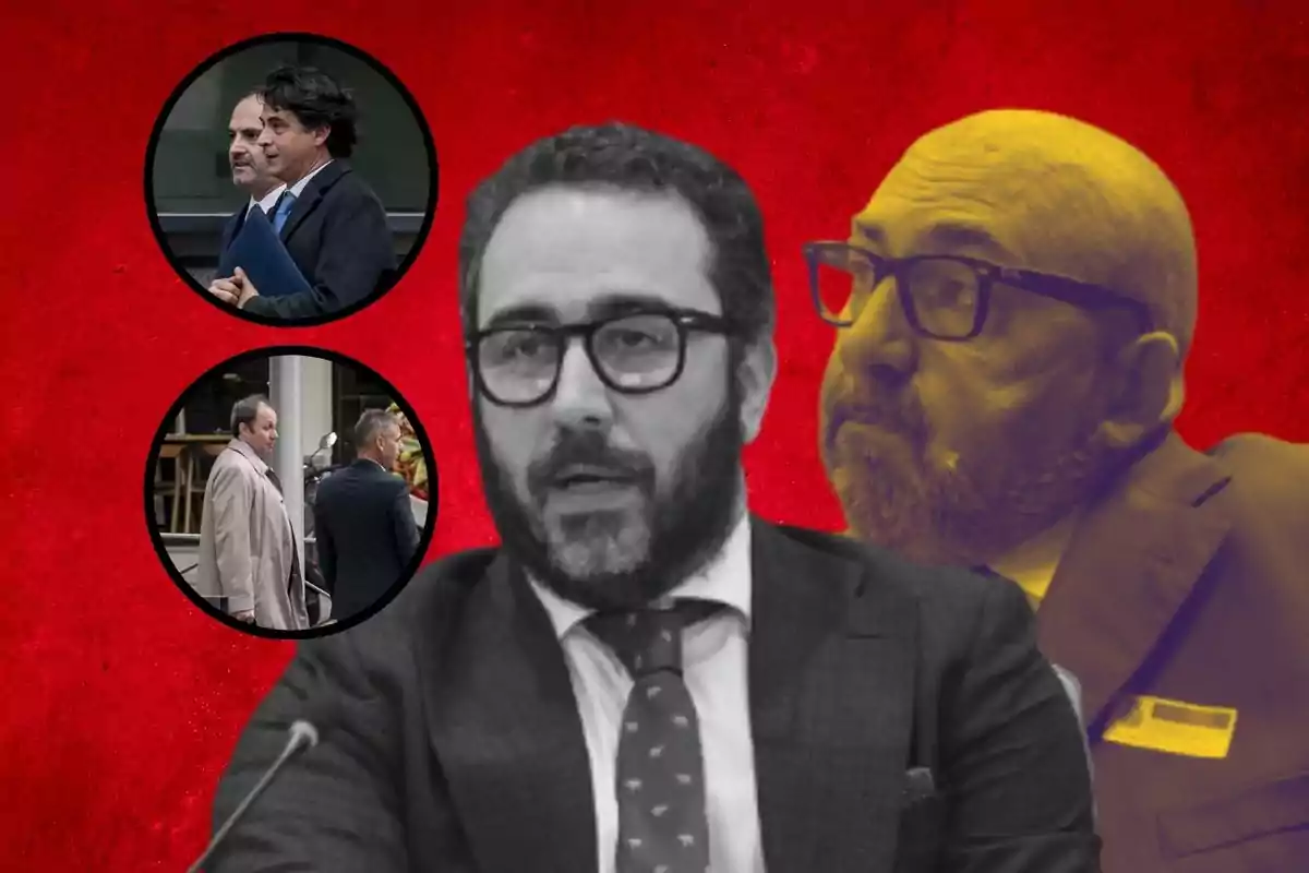 Un collage de varias personas en un fondo rojo, con una figura central en primer plano y dos imágenes circulares en la parte superior izquierda.