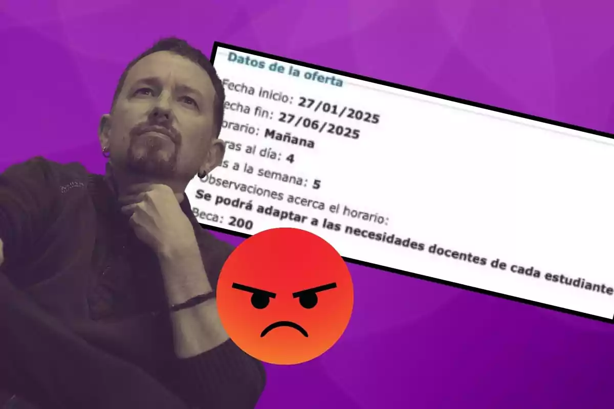 Un hombre pensativo junto a un documento de oferta con un emoji enojado sobre un fondo morado.