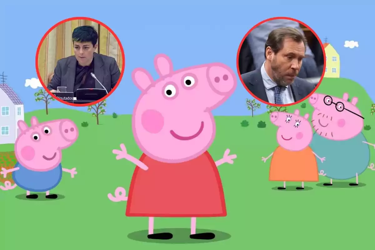 Una imagen de Peppa Pig y su familia en un paisaje verde con cielo azul, con dos fotos de personas en círculos rojos superpuestas en la parte superior.